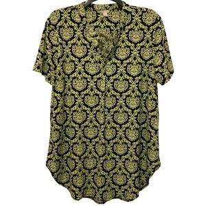 Cato Tunic Top Short Sleeve Split Neck Green Black Large